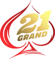 21 Grand Casino online logo featuring a gold number 21 within a bold red spade symbol known for premium slots blackjack and casino bonuses.